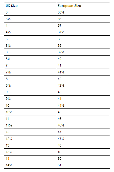 Size Chart UK/European